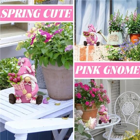 Pink Garden Gnome Figurine Spring Summer Easter Decor Outdoor Indoor Statue - Picture 4 of 8